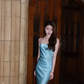 Light blue strapless, fitted long ball gown R7058