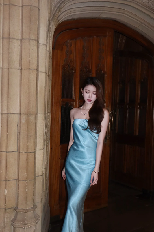 Light blue strapless, fitted long ball gown R7058