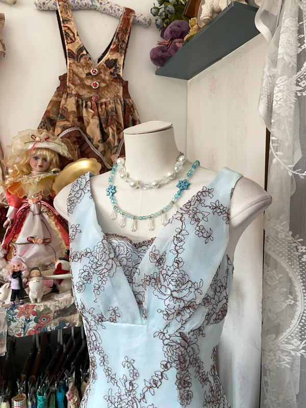 Light blue floral sleeveless fitted A-line mini ball gown R6339