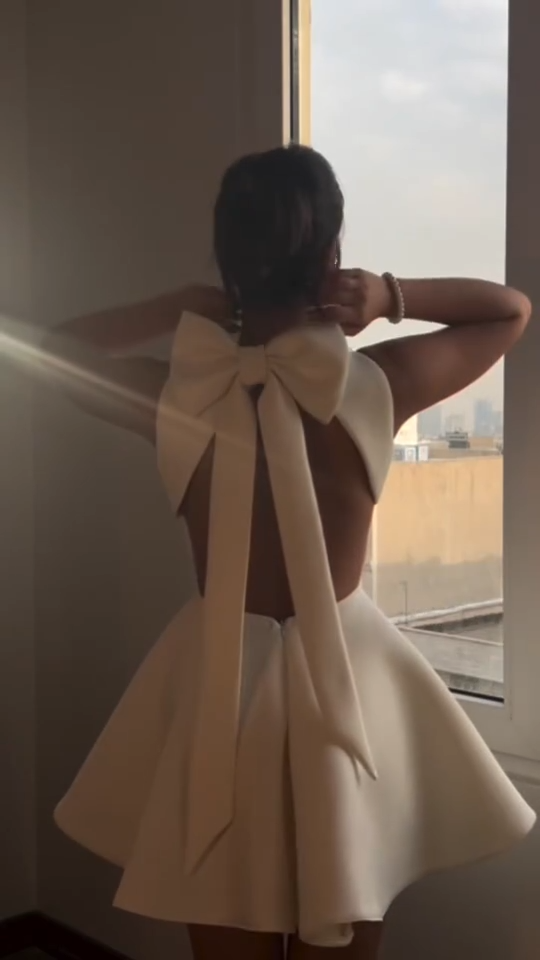 White sleeveless backless sexy waist A-line short skirt homecoming dress R5588