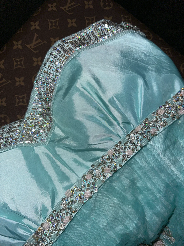 Lake blue strapless rhinestone-embellished long ball gown R6898