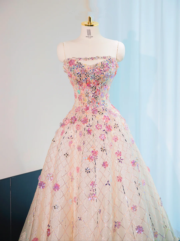 Light pink strapless, fitted waist, full skirt, long ball gown, bridal dress R9015