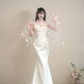 White strapless ball gown with 3D floral neckline, fitted waist and hip-hugging bodycon dress, wedding dress R8062