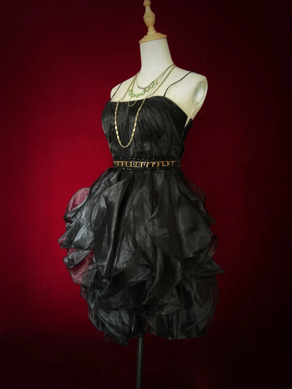 Black tube top pleated waist bud skirt short skirt homecoming dress R5008