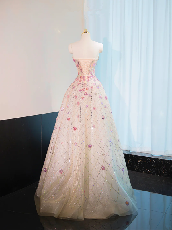 Light pink strapless, fitted waist, full skirt, long ball gown, bridal dress R9015