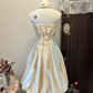 White strapless satin pleated waist slim bow design short skirt homecoming dress R4277