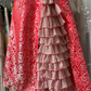 Red retro floral short-sleeved fitted A-line midi ball gown R6379