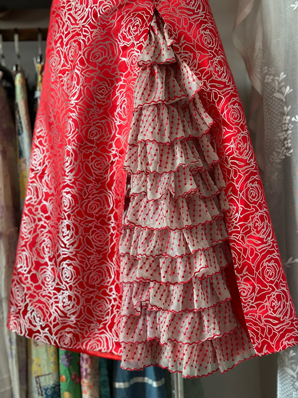 Red retro floral short-sleeved fitted A-line midi ball gown R6379