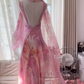 Light pink tie-dye halter-neck fitted backless sexy long ball gown R7765