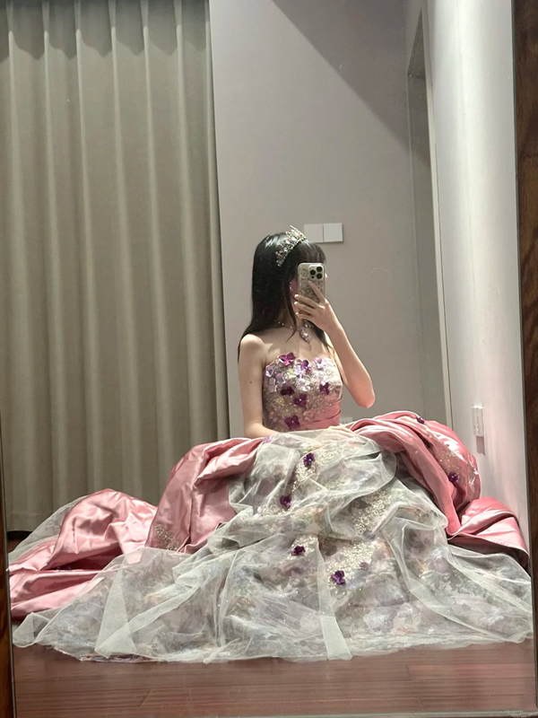 Light pink strapless fitted waist slim-fitting ball gown/bridal dress R8622