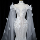 Light silver strapless, fitted waist, bodycon sexy long ball gown, bridal dress R8955