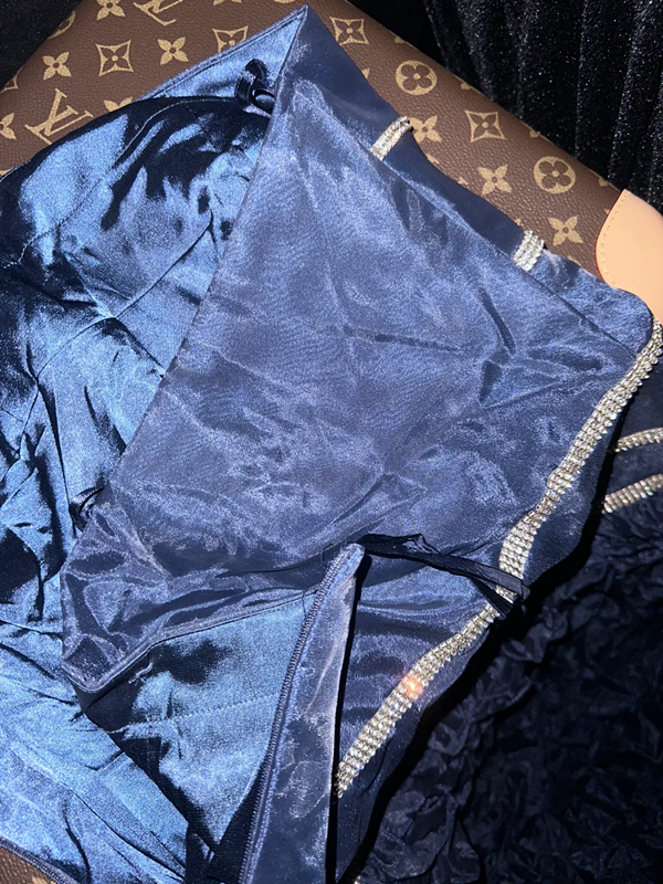 Navy blue strapless, fitted waist, alluring and sexy long ball gown R6938