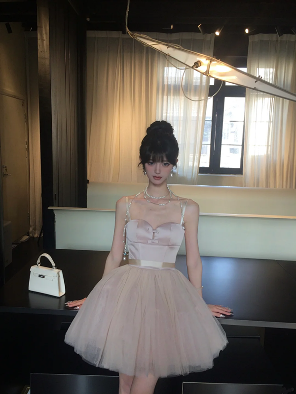Pink suspender waist slim fit fluffy cake tulle skirt short skirt homecoming dress R5086