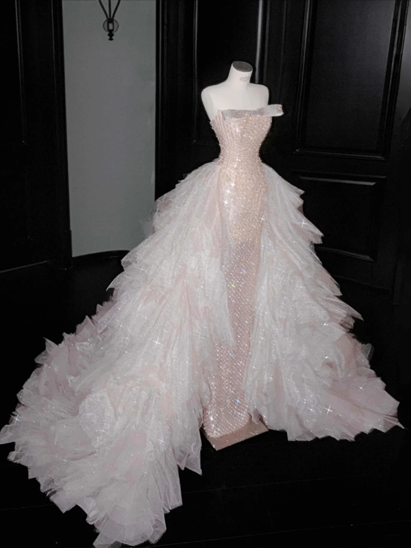 Pink sequined tube top sexy long skirt with waist, prom dress R5664