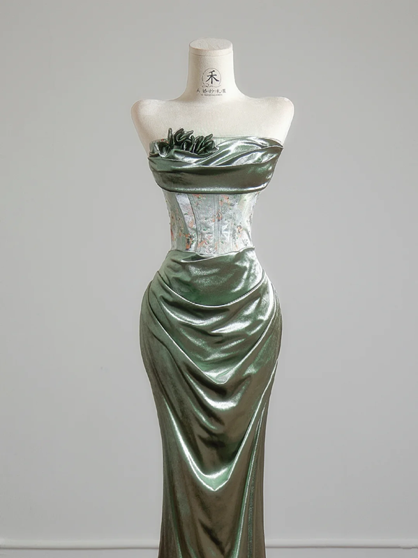 Gray-green strapless fitted waist bodycon long ball gown R8152