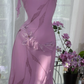 Light purple halter-neck fitted midi ball gown R7653