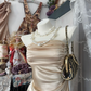 Champagne-colored strapless satin slim-waisted ruffled hem maxi ball gown R6180