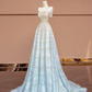Light blue gradient strapless fitted long ball gown R8404