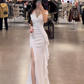 White off-the-shoulder waist-cinching slim-fit bodycon sexy slit-hem prom dress R7925
