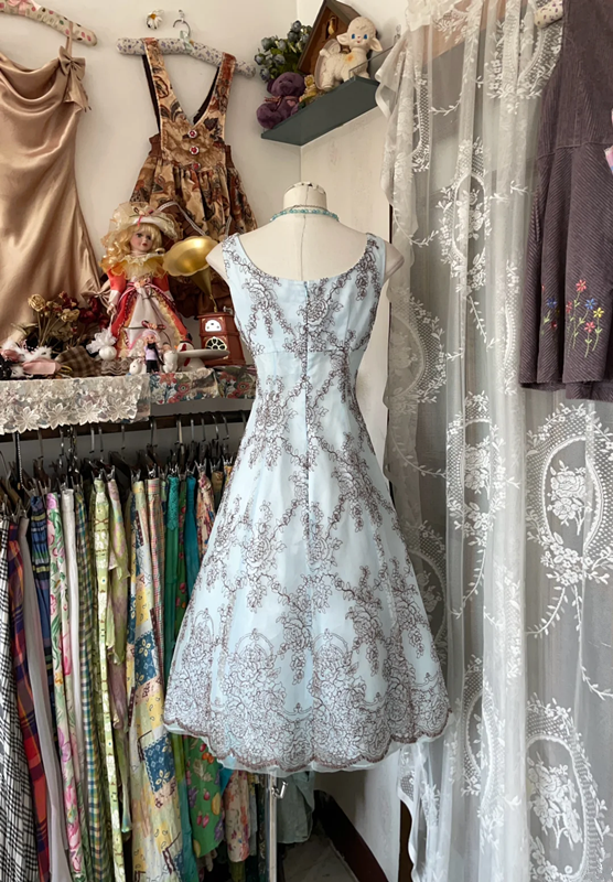 Light blue floral sleeveless fitted A-line mini ball gown R6339