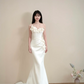 White strapless ball gown with 3D floral neckline, fitted waist and hip-hugging bodycon dress, wedding dress R8062