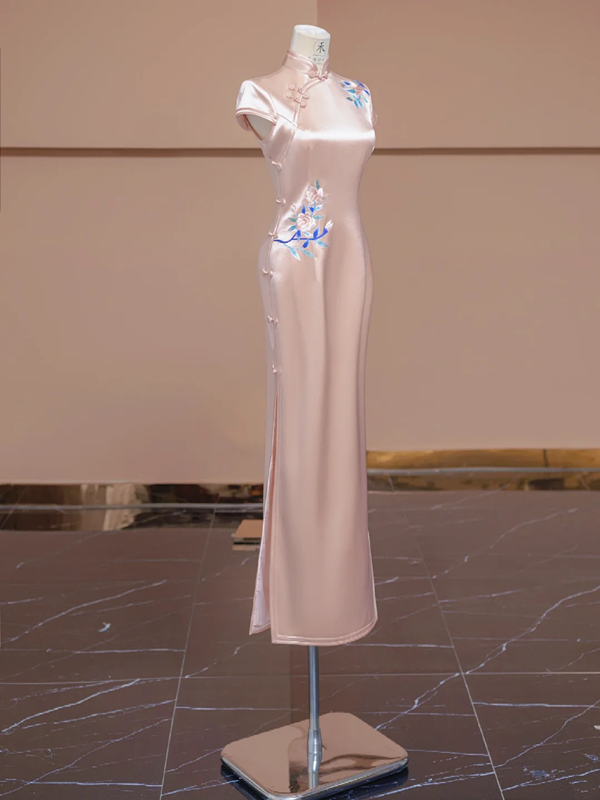 Light pink satin fitted Chinese retro ball gown, bridal dress R8289