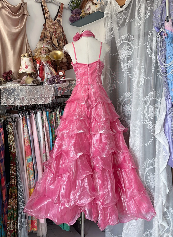 Pink halter neck waist satin cake skirt slim maxi ball gown R6139