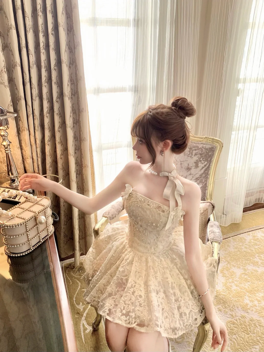 White tube top lace waist slim fit sexy puffy big skirt short skirt homecoming dress R4235