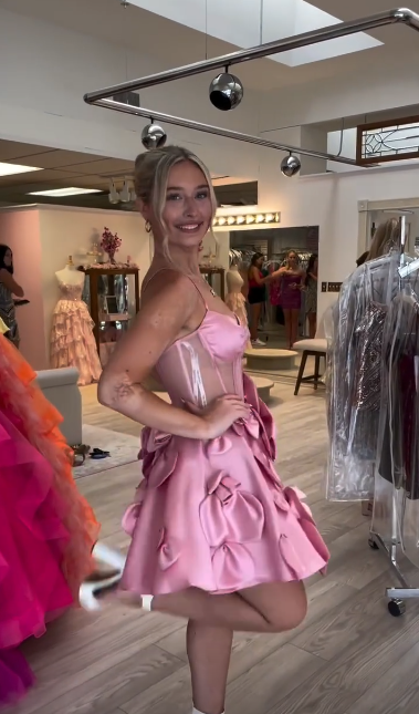 Pink suspender waist slim three-dimensional flower skirt homecoming dress R5468