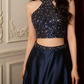 Navy blue halter neck beaded sexy top and long skirt set for a prom dress R6699