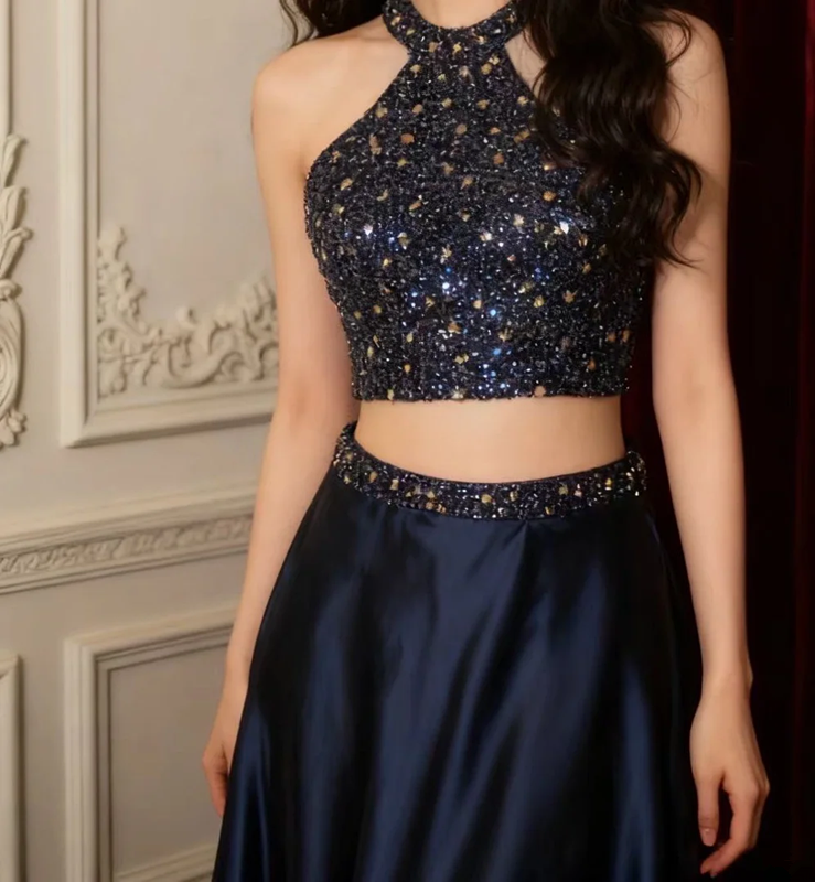 Navy blue halter neck beaded sexy top and long skirt set for a prom dress R6699