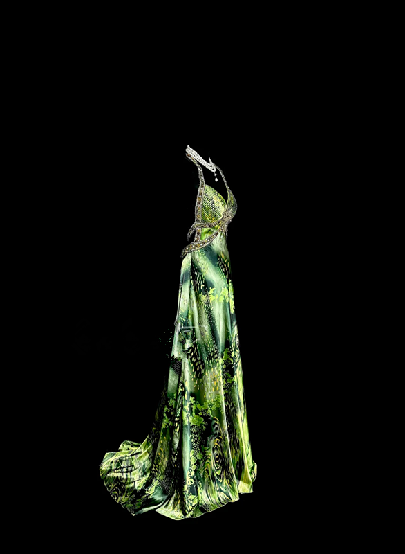 Green halter neck, fitted waist, revealing hips, sexy long ball gown R6659