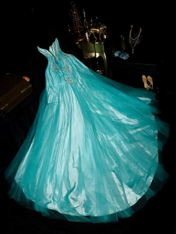 Lake blue strapless rhinestone-embellished long ball gown R6898