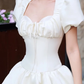 White puff sleeves, square neck, slim waist, bud skirt, short skirt for homecoming dress R4479