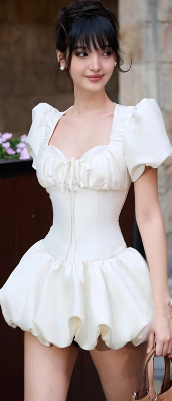 White puff sleeves, square neck, slim waist, bud skirt, short skirt for homecoming dress R4479