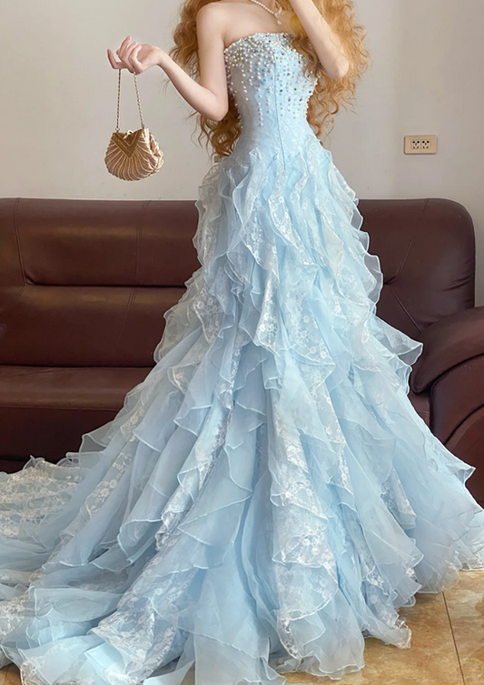 Light Blue Strapless Waist-Cinched Elegant Long Ball Gown & Bridal Gown R7380