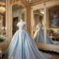Light blue square neckline, fitted waist, full skirt, long ball gown R7211