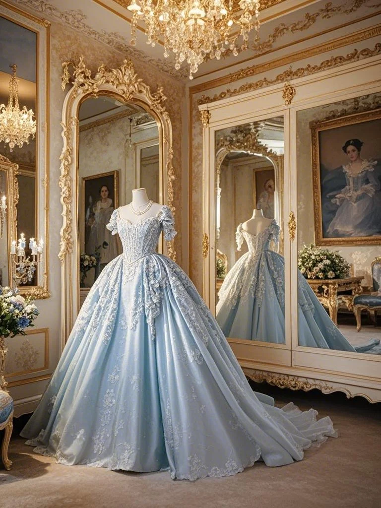 Light blue square neckline, fitted waist, full skirt, long ball gown R7211