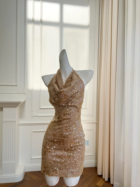 Gold Sequined Halter Neck Fitted Waist Hip Short Skirt Homecoming Dress R5048