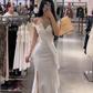 White off-the-shoulder waist-cinching slim-fit bodycon sexy slit-hem prom dress R7925