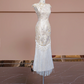 Light champagne-colored sleeveless, fitted ball gown/bridal dress with a Chinese neckline R8346