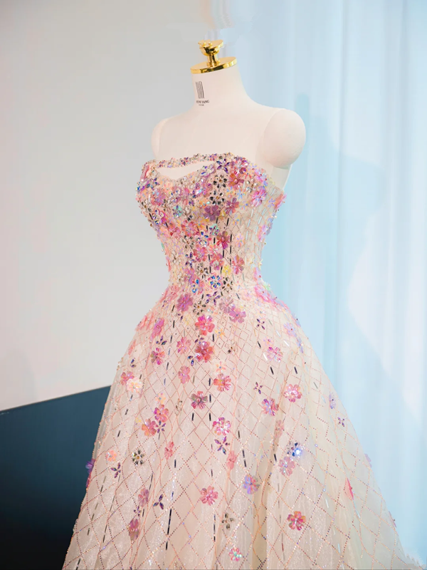 Light pink strapless, fitted waist, full skirt, long ball gown, bridal dress R9015