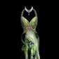 Green halter neck, fitted waist, revealing hips, sexy long ball gown R6659