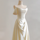 Light apricot off-the-shoulder, fitted waist, A-line skirt, long ball gown R8173