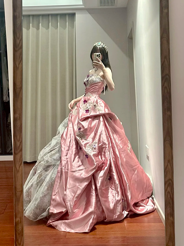 Light pink strapless fitted waist slim-fitting ball gown/bridal dress R8622