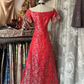 Red retro floral short-sleeved fitted A-line midi ball gown R6379