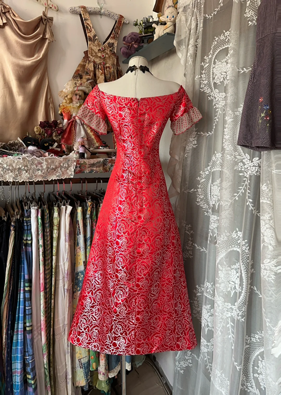 Red retro floral short-sleeved fitted A-line midi ball gown R6379