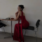 Red halter-neck fitted long sexy ball gown R8865