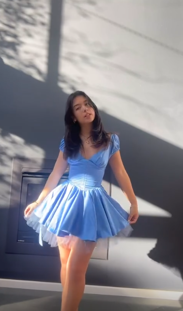 Blue V‑Neck Fit‑and‑Flare Mini Homecoming Dress R5449