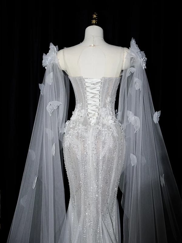 Light silver strapless, fitted waist, bodycon sexy long ball gown, bridal dress R8955